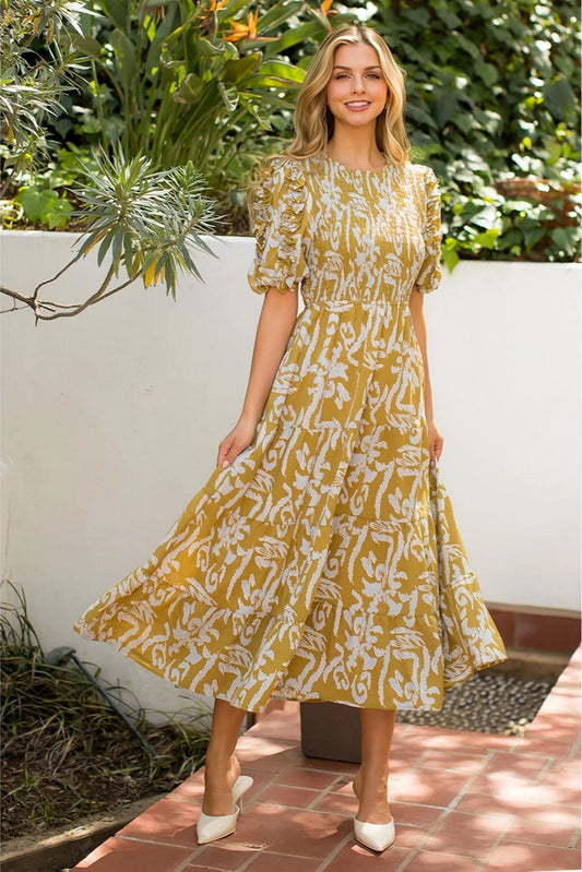 Smocked Puff Sleeve Print Maxi Dress - Small
