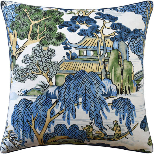 141-4349 PIPED ASIAN SCENIC BLUE GREEN PILLOW