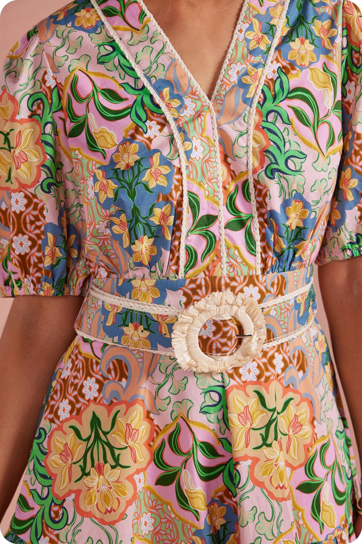 Garden Party Puff Sleeve Belted Cotton Multi Dress