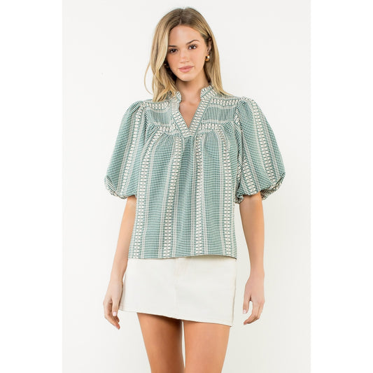 Embroidered V-Neck Puff Gingham Top - Large