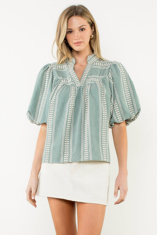Embroidered V-Neck Puff Gingham Top - Small