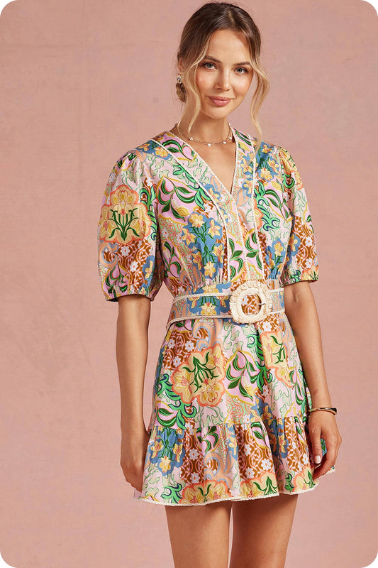 Garden Party Puff Sleeve Belted Cotton Multi Dress
