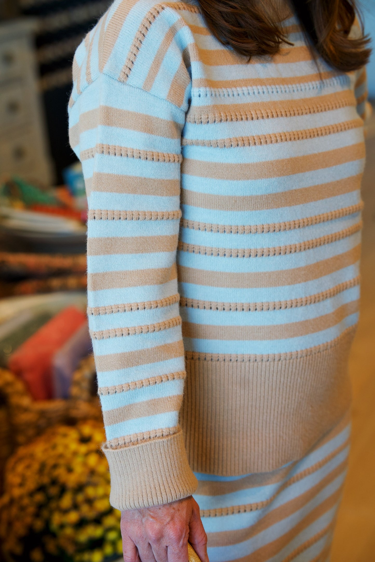 Pointelle Textured Striped Midi Sweater | Taupe/Sky Blue