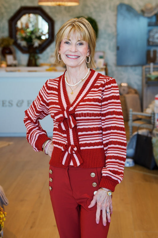 Bow Detail Striped Pointelle Knit Sweater Cardigan | Burgundy/Pink