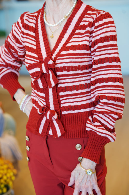 Bow Detail Striped Pointelle Knit Sweater Cardigan | Burgundy/Pink