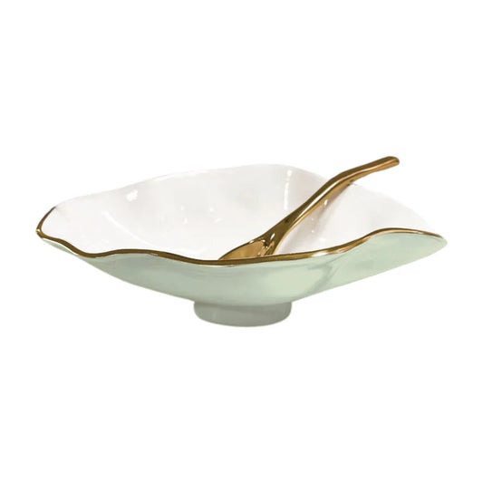 ENCANTO Claire Small Oval Bowl with Spoon - Pistachio, White & Gold