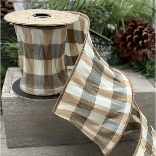 Faux Dupion Boise Check Ribbon 88-1283 | Brown Grey