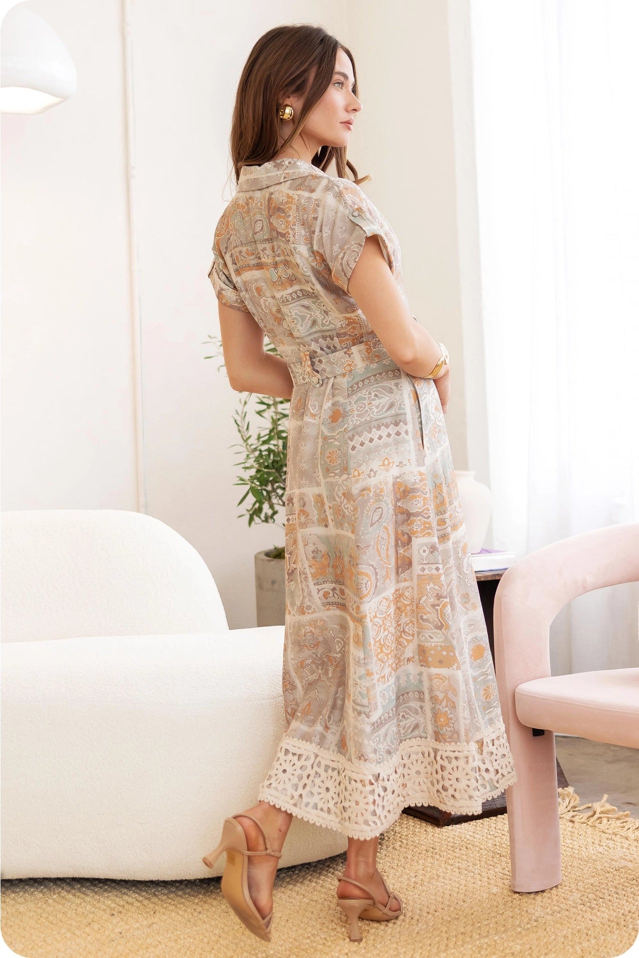 Belted Crochet Lace Shirt Midi Dress