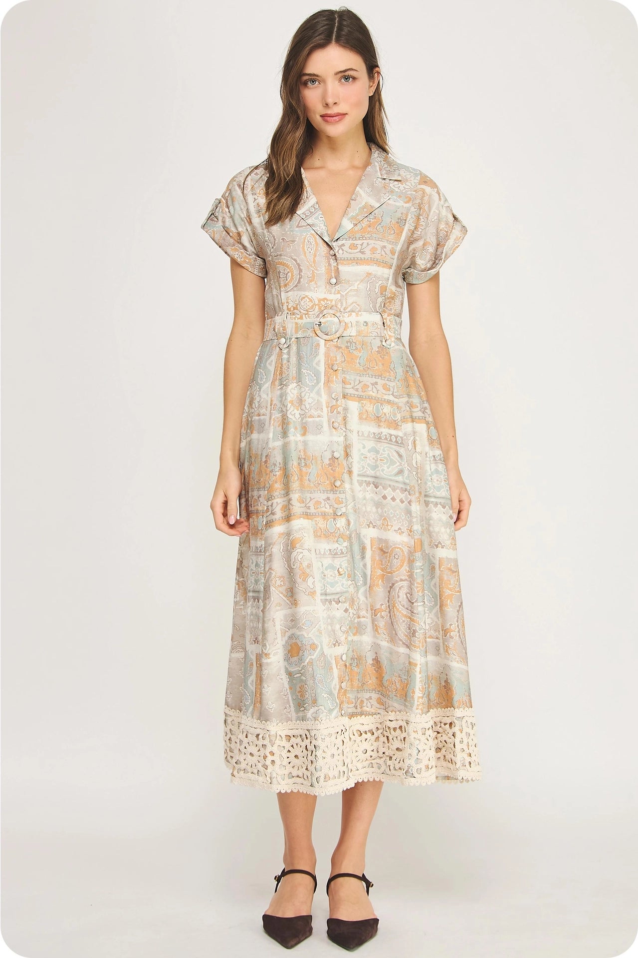 Belted Crochet Lace Shirt Midi Dress