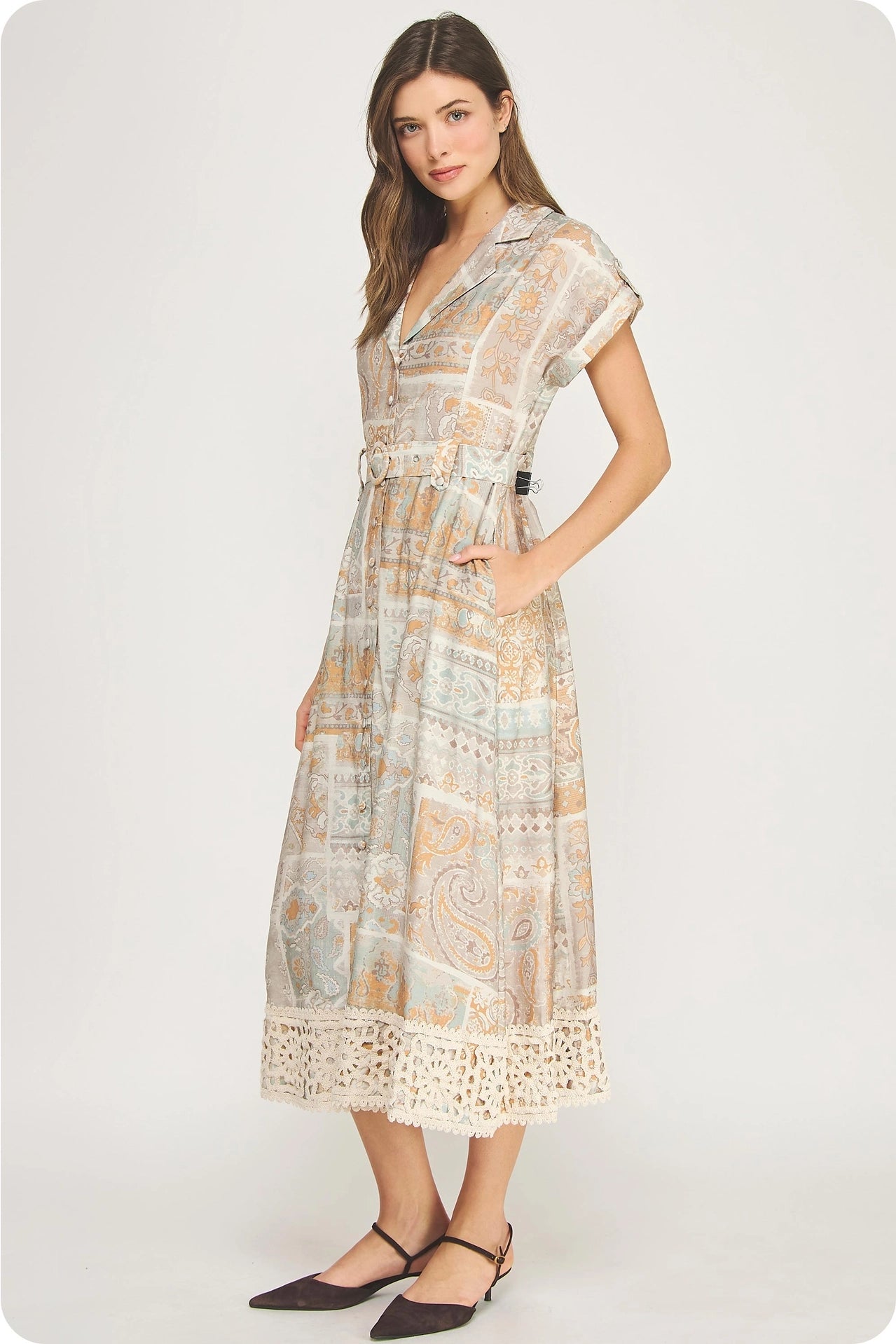 Belted Crochet Lace Shirt Midi Dress