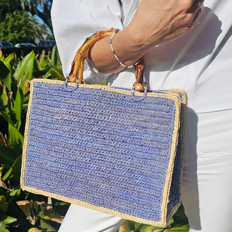Baldiz Blue and Hay Piper Raffia Bamboo Bag