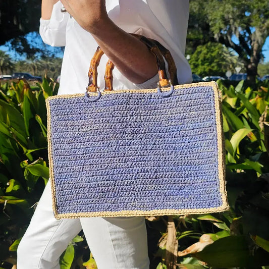 Baldiz Blue and Hay Piper Raffia Bamboo Bag