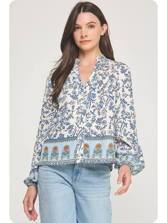 Long Sleeve Border Print Shirt Blouse