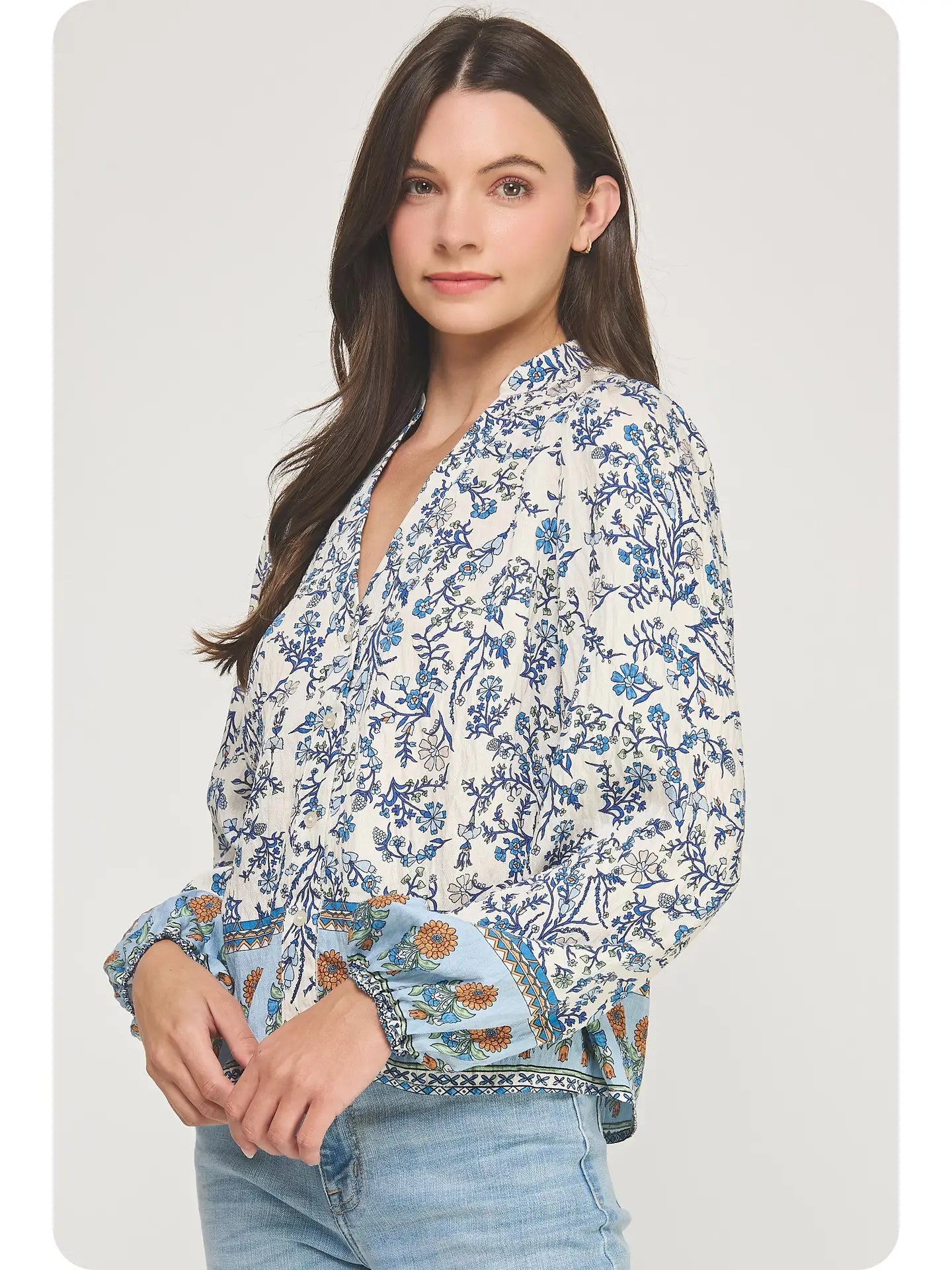 Long Sleeve Border Print Shirt Blouse