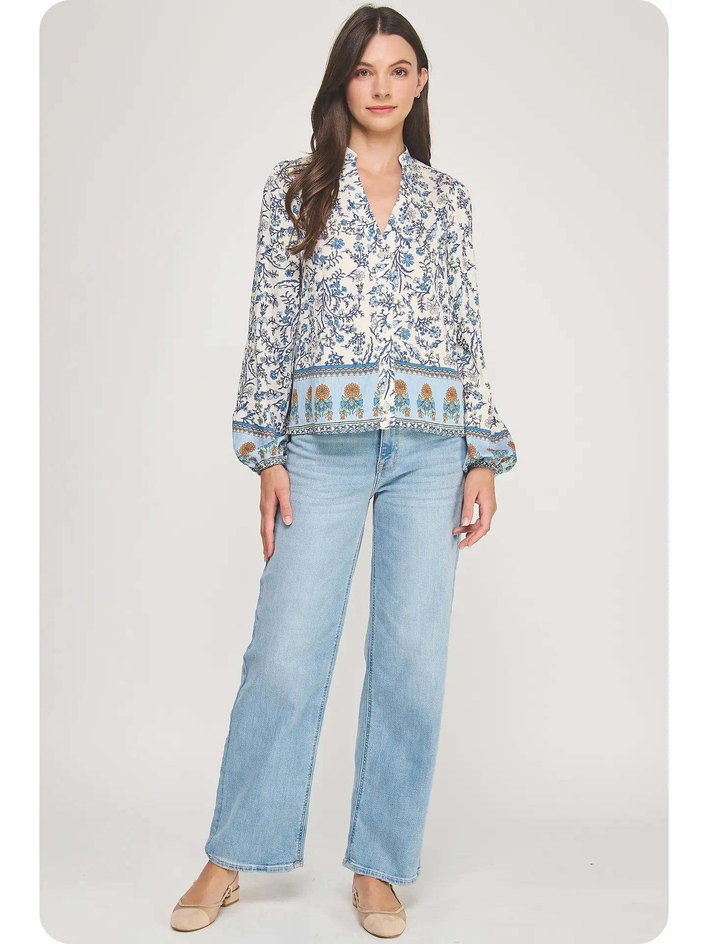 Long Sleeve Border Print Shirt Blouse