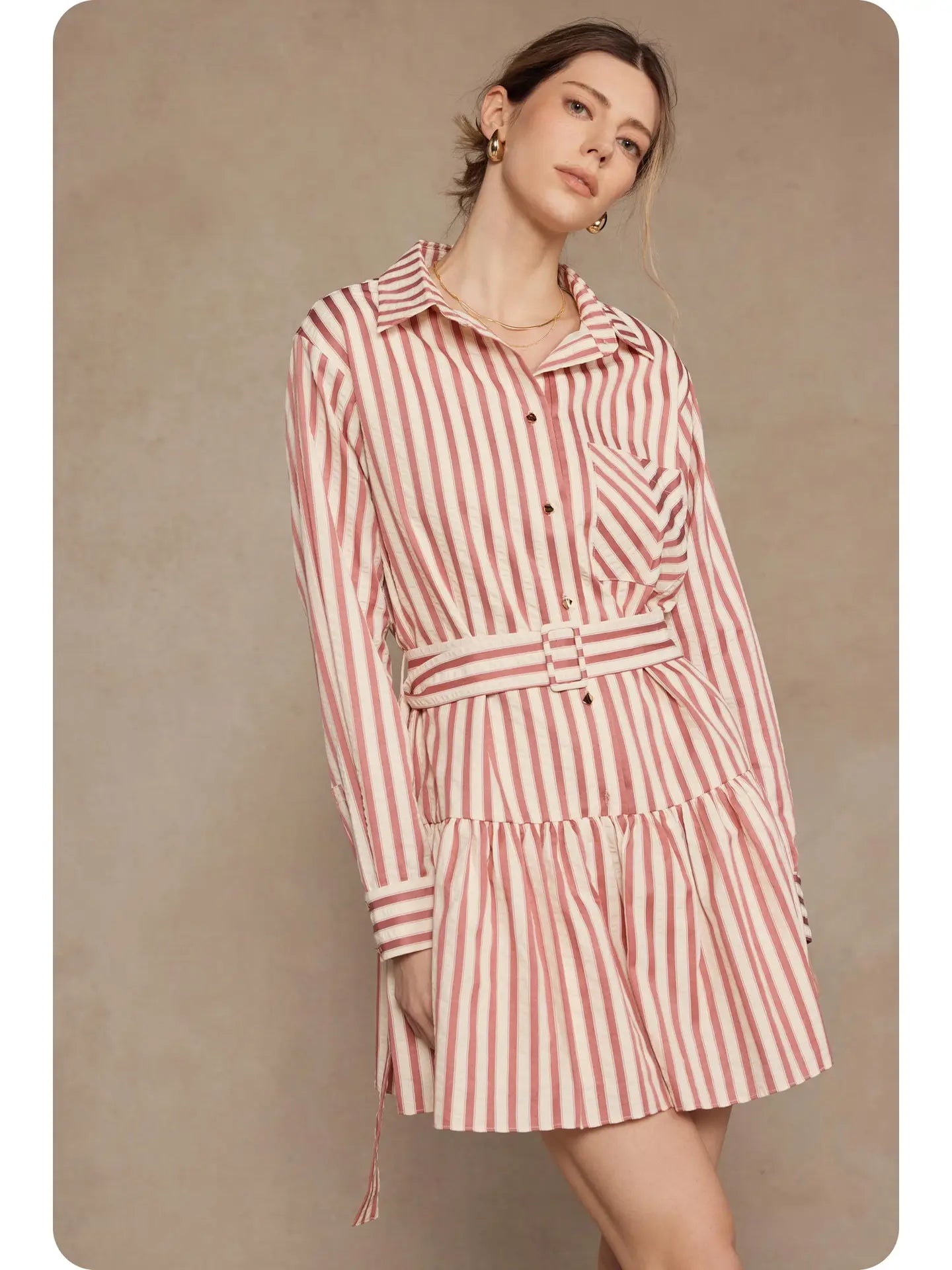 Striped Button Down Mini Dress | Brown/Cream