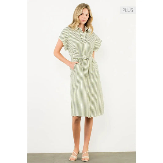 Belted Striped Button Dress | Olive - Large