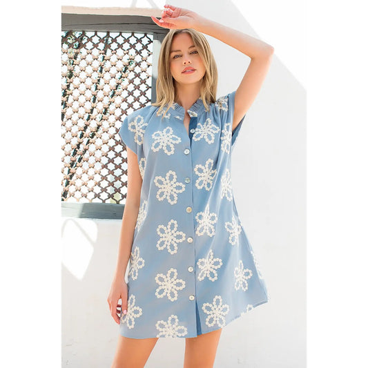 Embroidered Ruffle Collar Cap Sleeve Dress | Blue - Small
