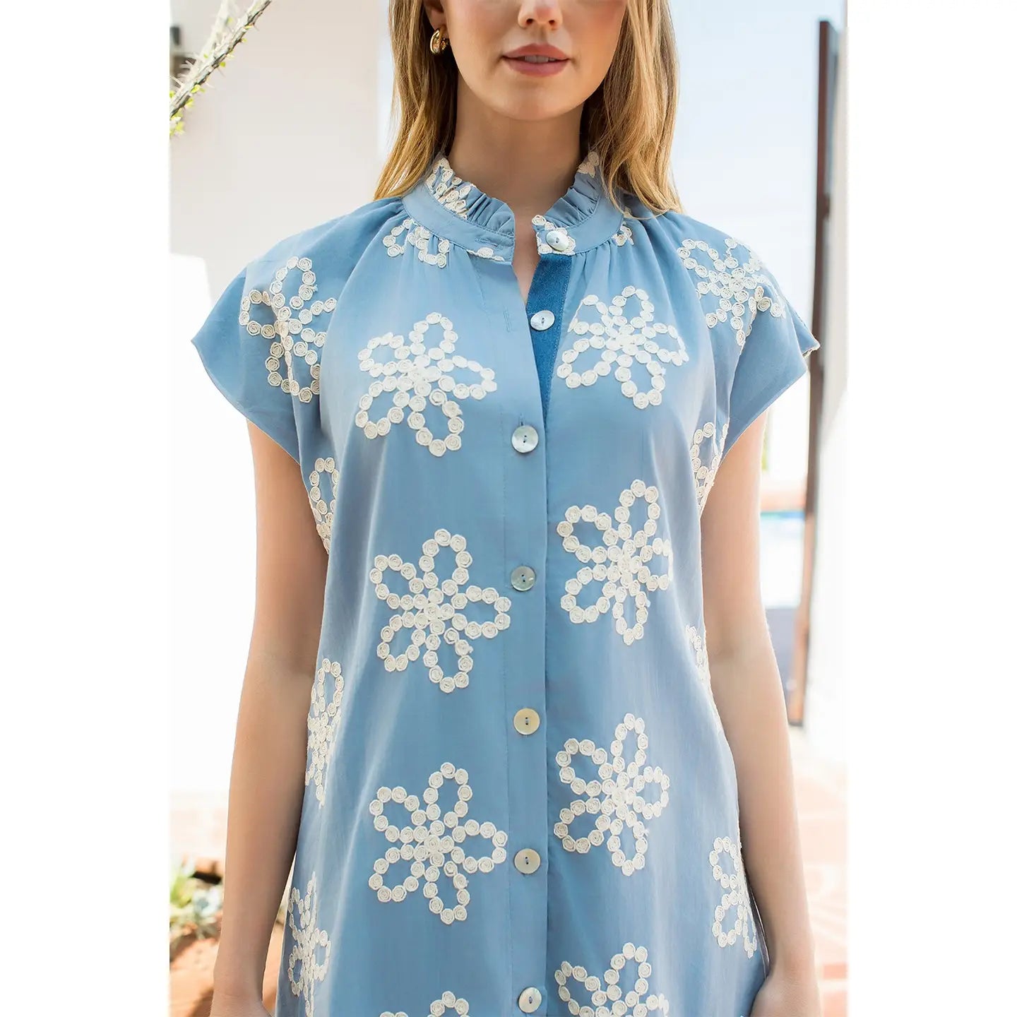 Embroidered Ruffle Collar Cap Sleeve Dress | Blue - Large