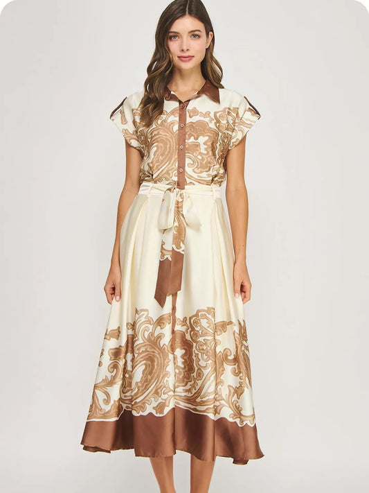 Border Print Satin Midi Dress | Brown/Ivory