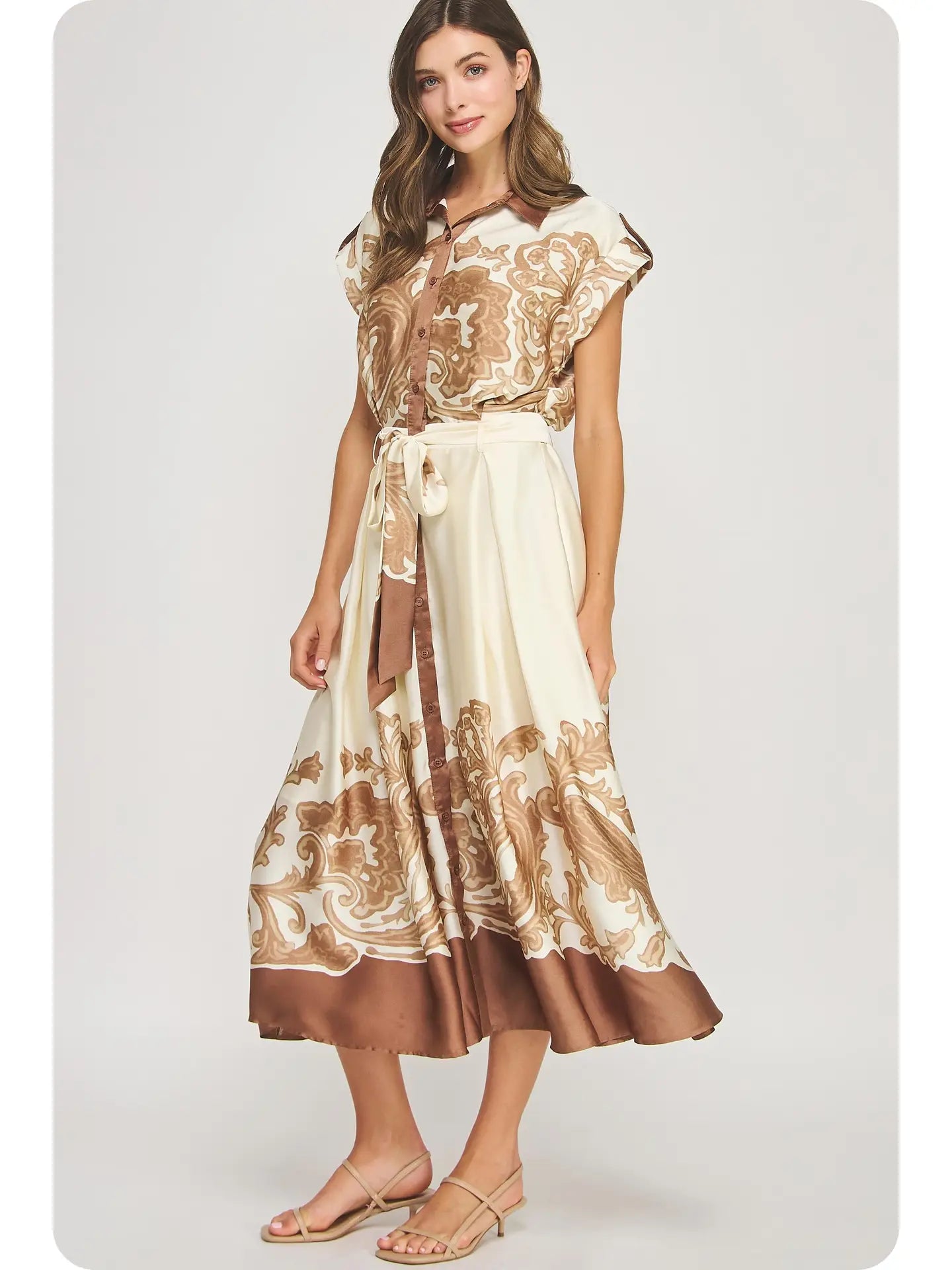 Border Print Satin Midi Dress | Brown/Ivory