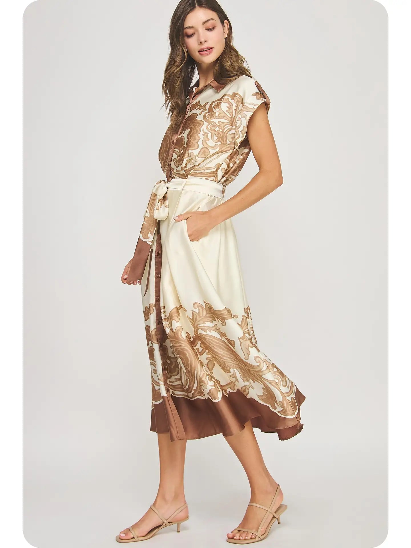 Border Print Satin Midi Dress | Brown/Ivory