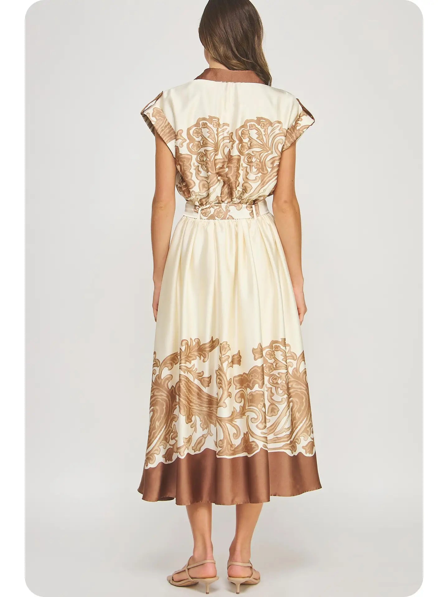 Border Print Satin Midi Dress | Brown/Ivory