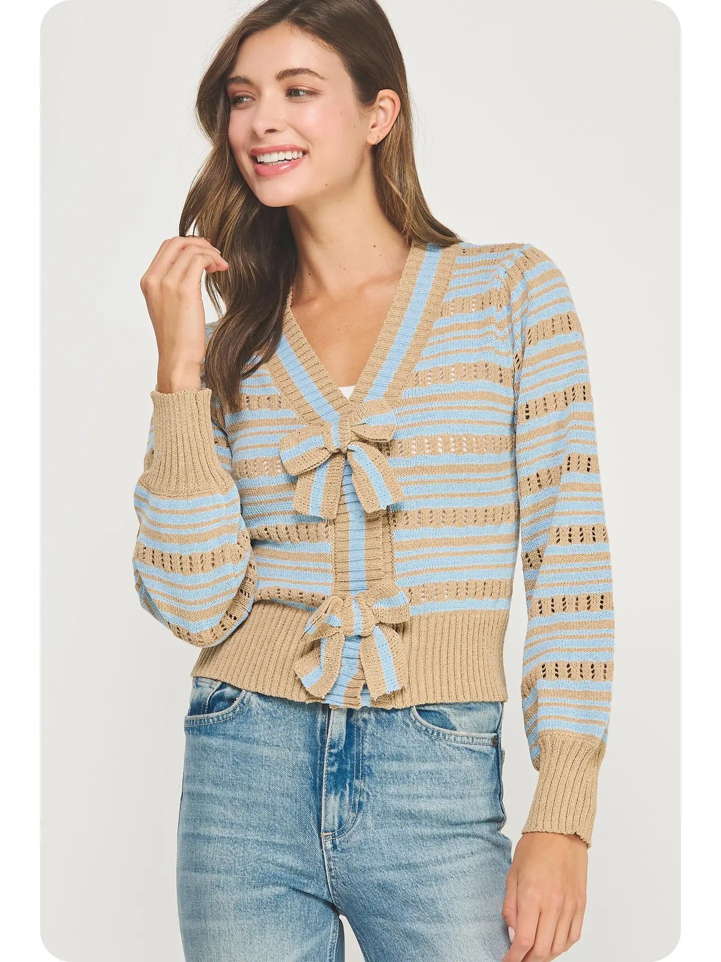Bow Detail Striped Pointelle Knit Sweater Cardigan | Taupe/Chambray