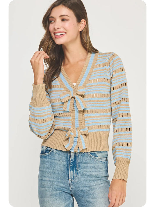 Bow Detail Striped Pointelle Knit Sweater Cardigan | Taupe/Chambray