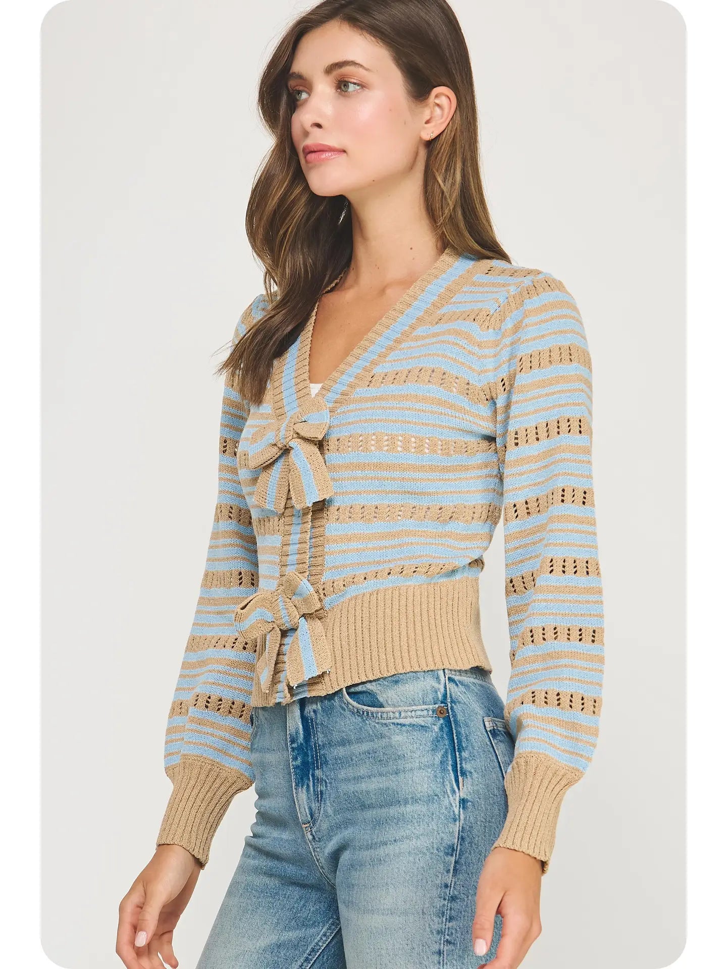 Bow Detail Striped Pointelle Knit Sweater Cardigan | Taupe/Chambray