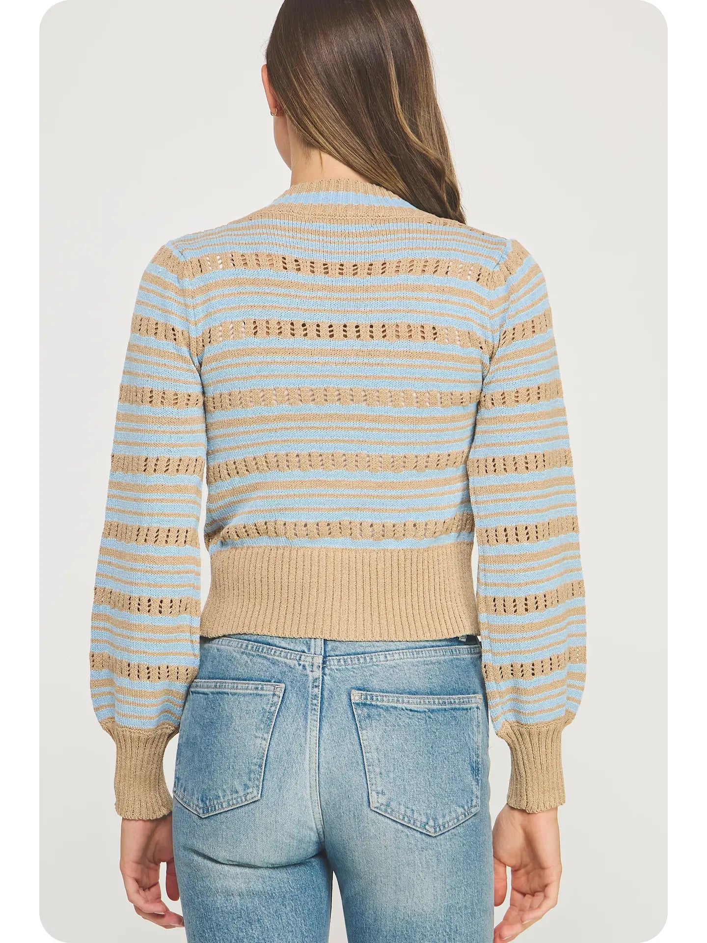Bow Detail Striped Pointelle Knit Sweater Cardigan | Taupe/Chambray