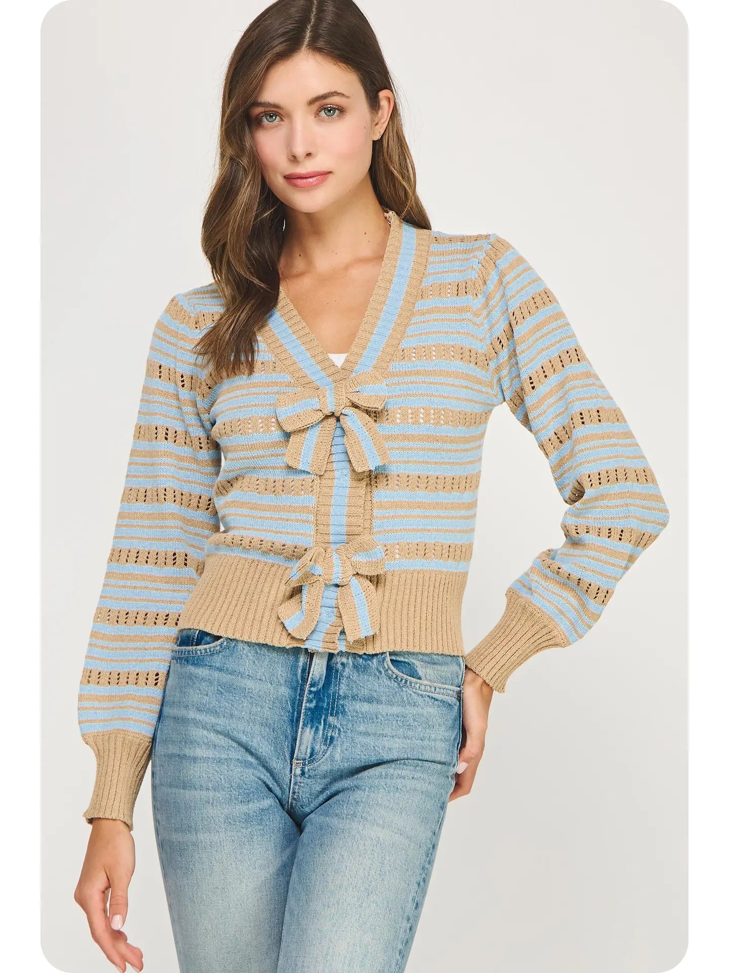 Bow Detail Striped Pointelle Knit Sweater Cardigan | Taupe/Chambray