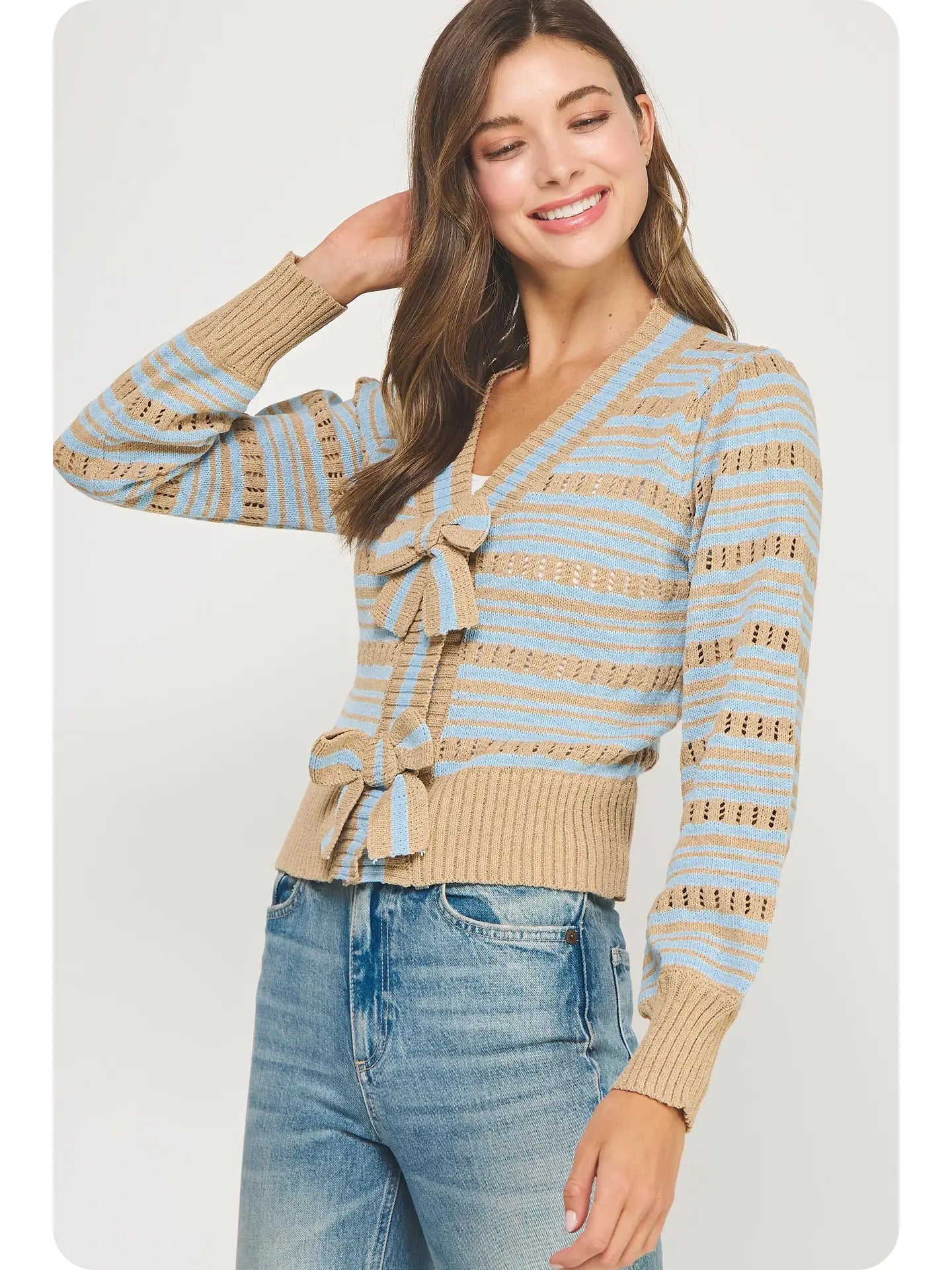 Bow Detail Striped Pointelle Knit Sweater Cardigan | Taupe/Chambray