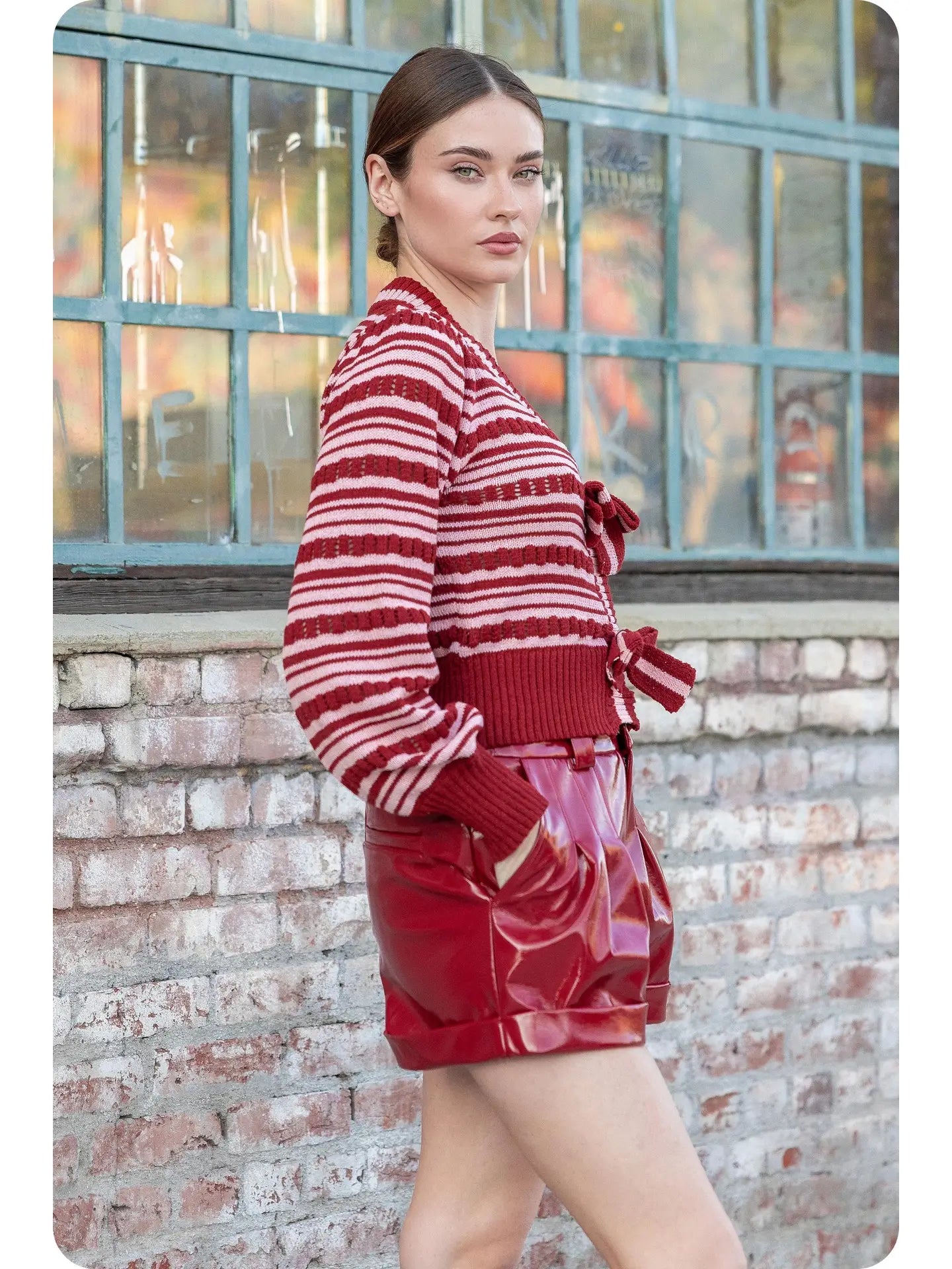 Bow Detail Striped Pointelle Knit Sweater Cardigan | Burgundy/Pink