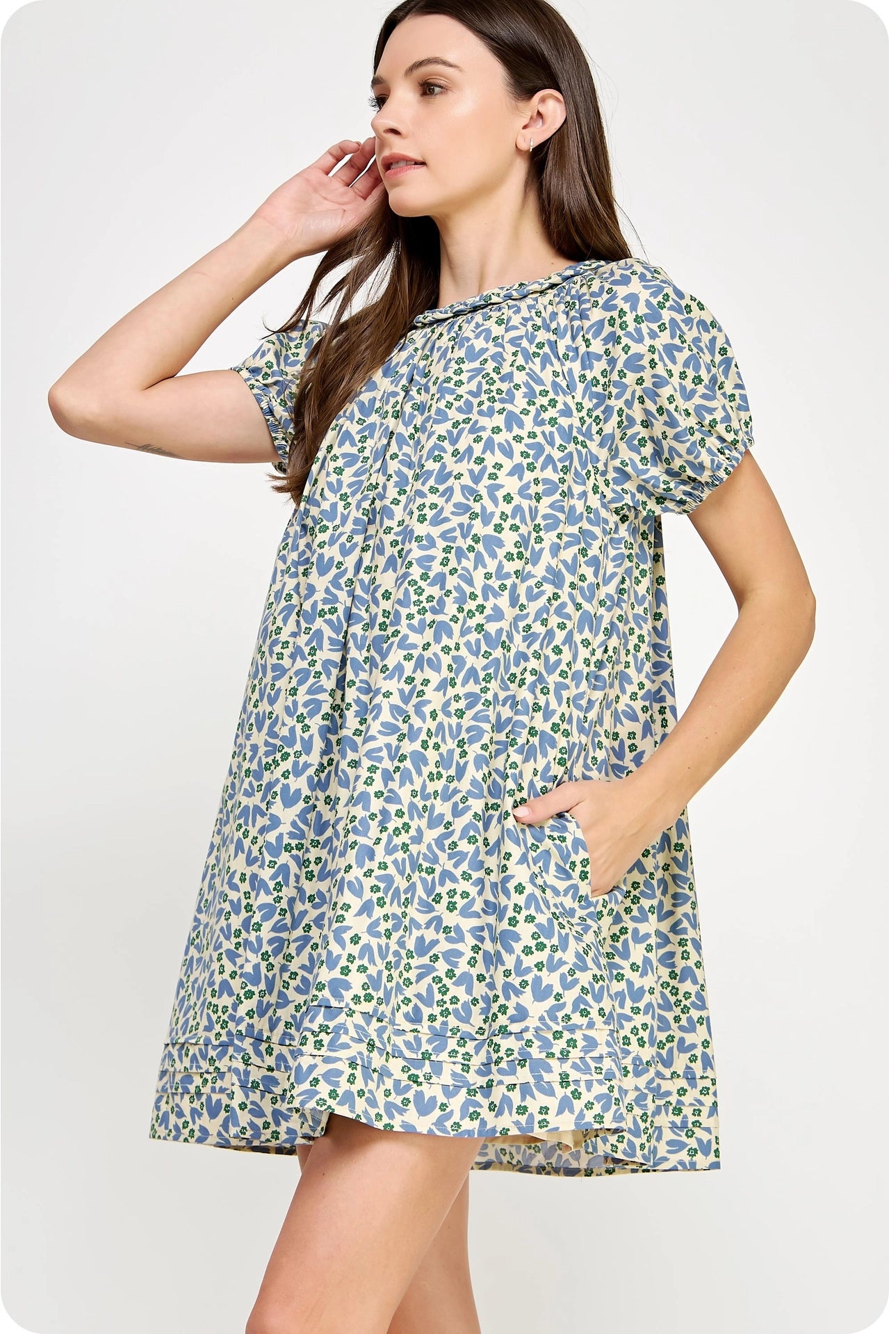 Braid Trim Floral Voile Mini Dress