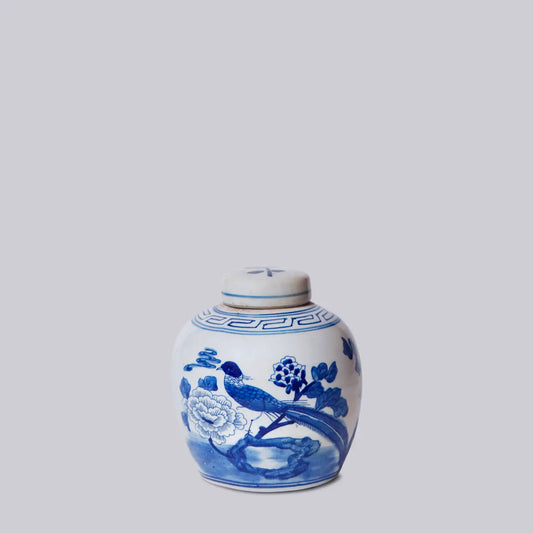 Blue and White Porcelain Pheasant Lidded Round Storage Jar C481