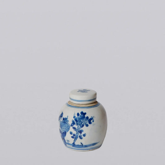 Blue & White Porcelain Mini Bird & Flower Round Storage Jar C656