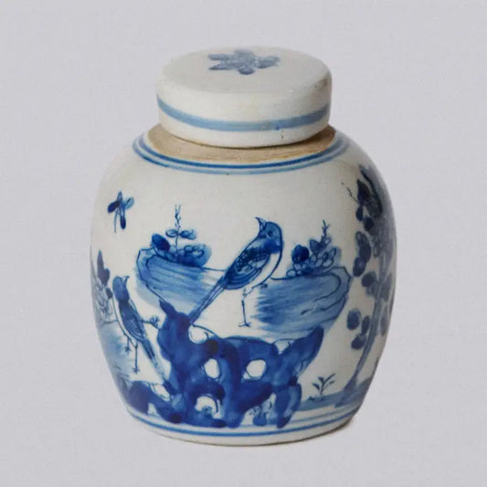 Blue and White Porcelain Mini Bird and Flower Round Jar C656