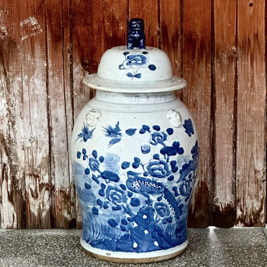 Extra Large Blue & White Bird & Flower Porcelain Temple Jar C686