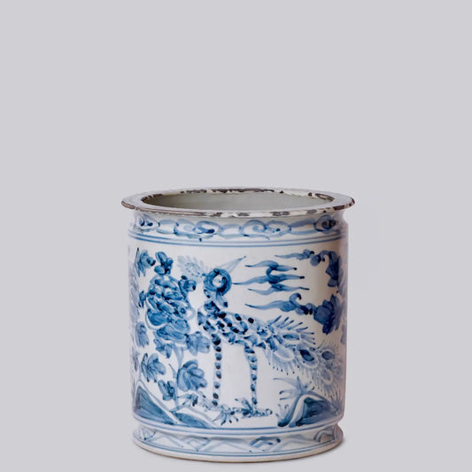 Rustic Peacock Blue and White Porcelain Cachepot C749