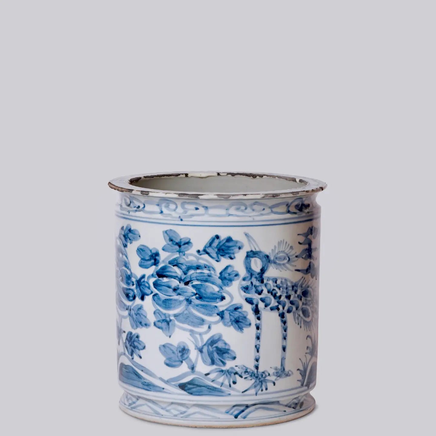 Rustic Peacock Blue and White Porcelain Cachepot C749