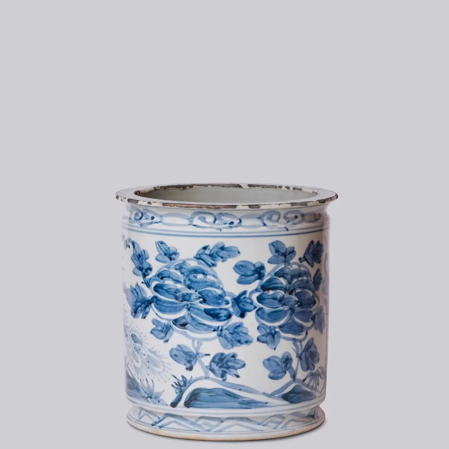 Rustic Peacock Blue and White Porcelain Cachepot C749