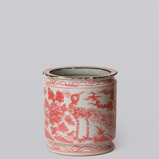 Rustic Peacock Red and White Porcelain Cachepot C750