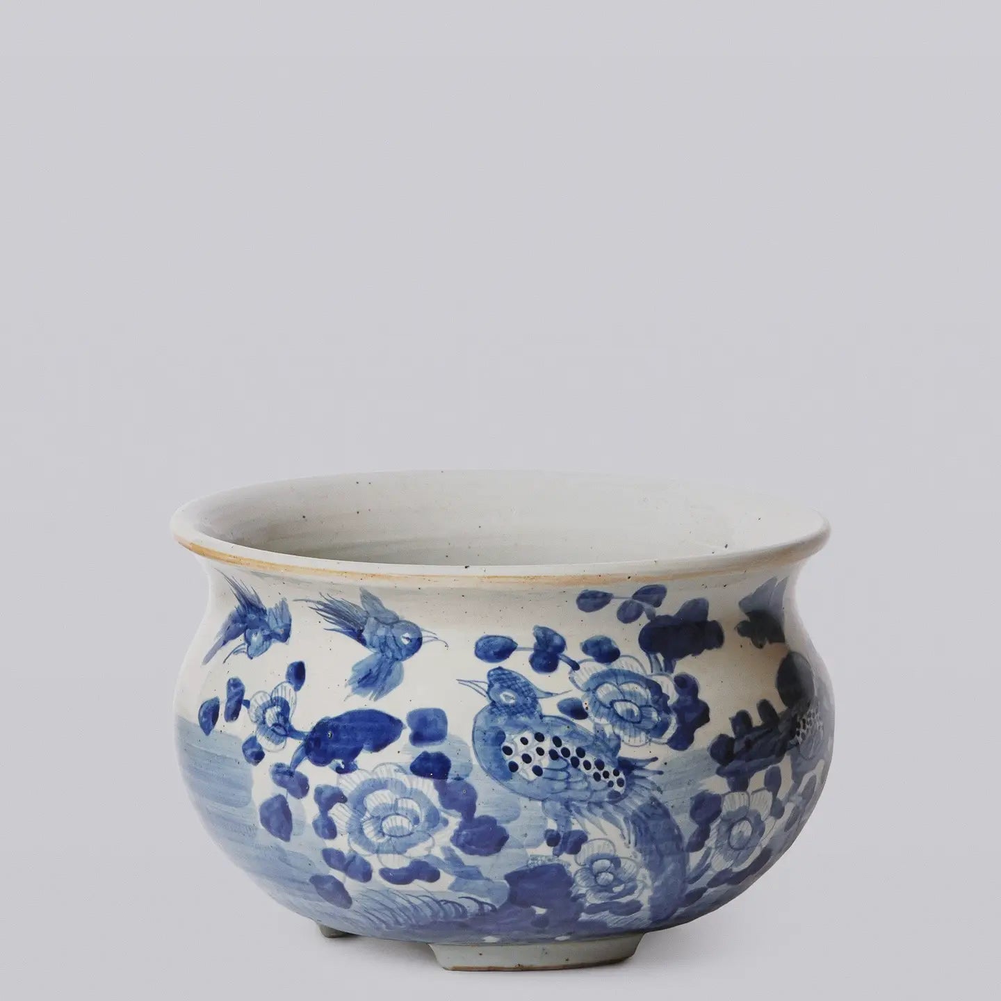 Rustic Bird & Flower Blue & White Porcelain Bulbous Cachepot C761