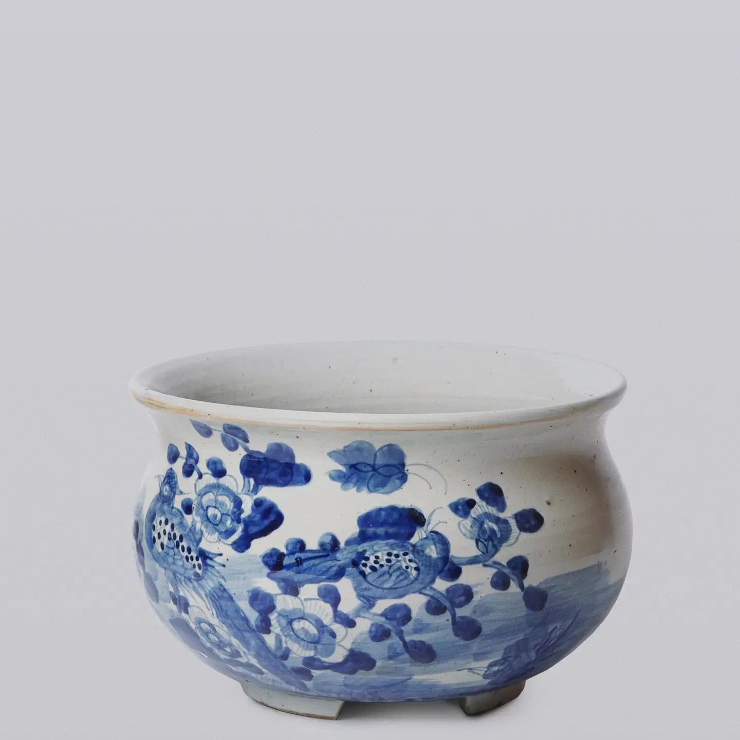 Rustic Bird & Flower Blue & White Porcelain Bulbous Cachepot C761