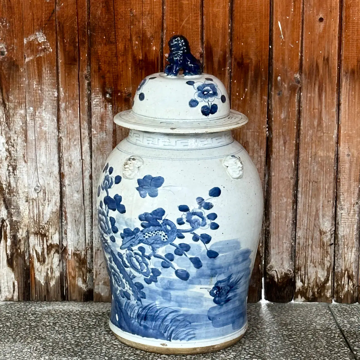 Extra Large Blue & White Bird & Flower Porcelain Temple Jar C686