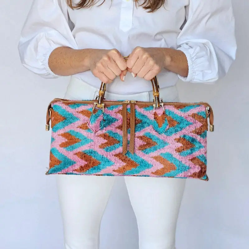 Baldiz Caramel Turquoise and Pink Patterned Bamboo Goldie Bag