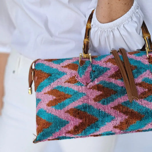 Baldiz Caramel Turquoise and Pink Patterned Bamboo Goldie Bag