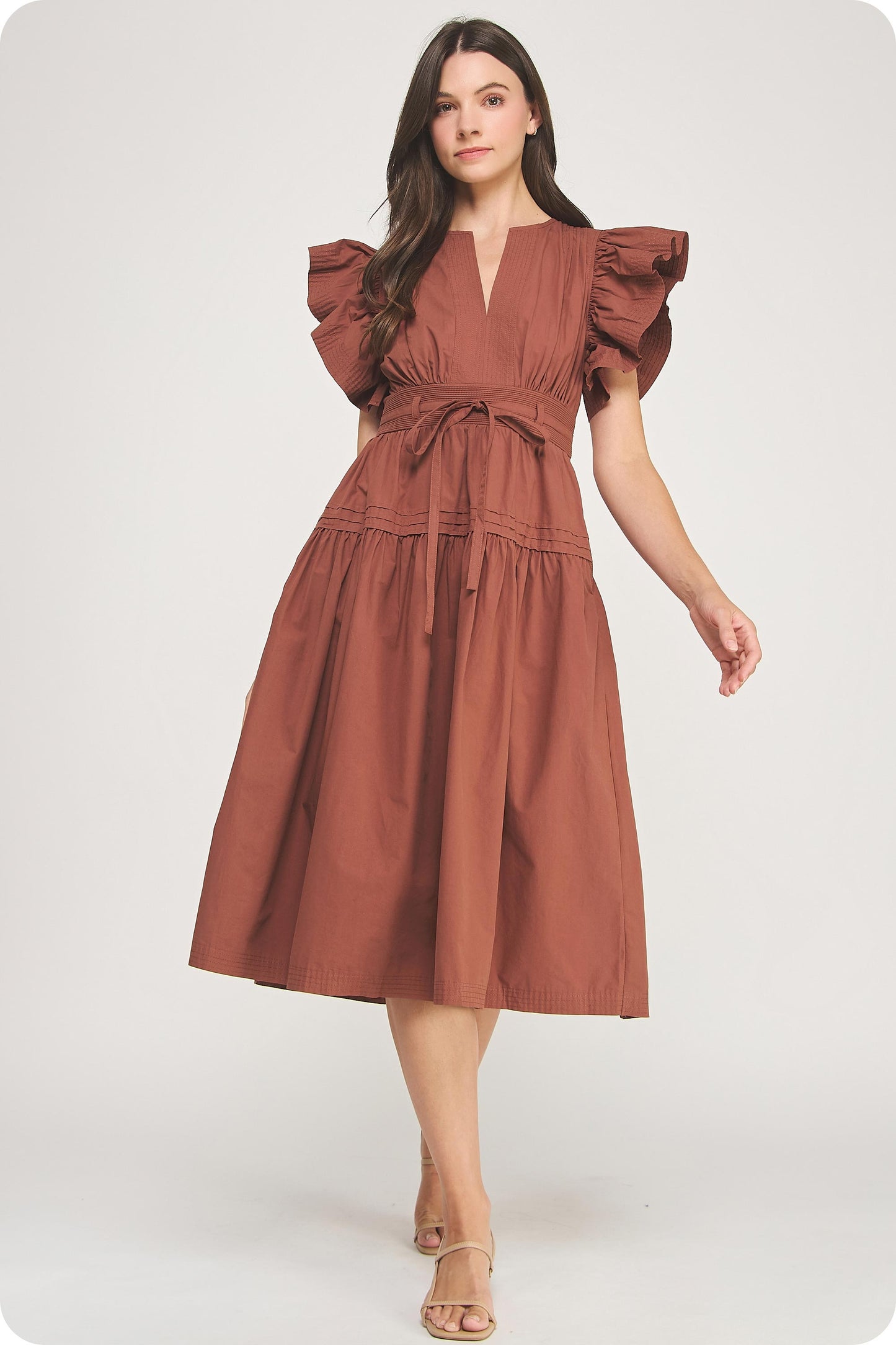 Flutter Sleeve Poplin Midi Dress | Cinnamon Brown