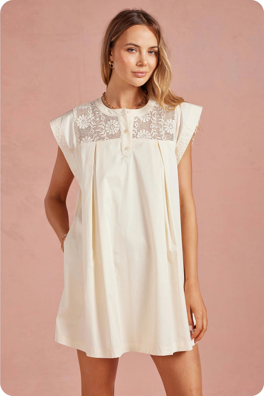 Contrast Floral Crochet Yoke Pleated Mini Dress